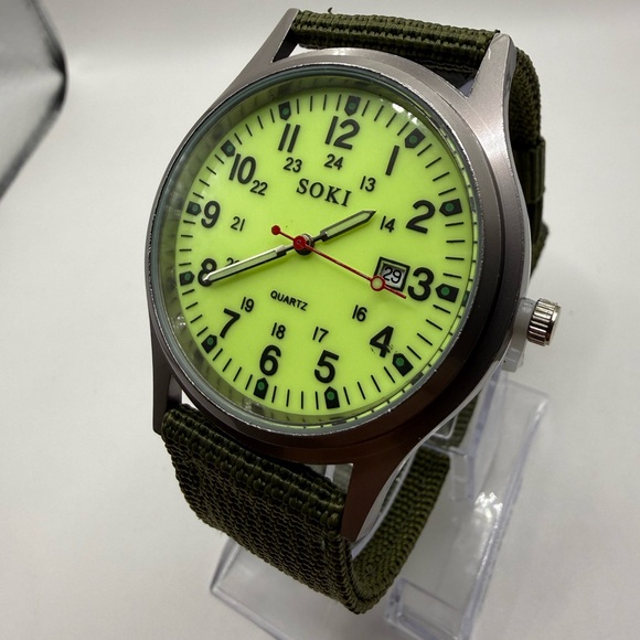 New Soki Canvas Green Belt, Military Watch, Date Display, Men's (New Battery) - Picture 6 of 9